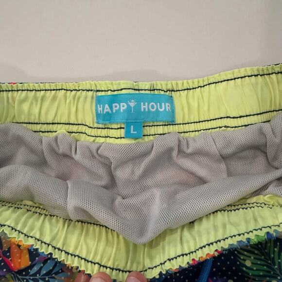 Happy Hour Blue Nylon Leaf Print Drawstring Swim Trunk Board Shorts Men’s Large - Picture 3 of 7